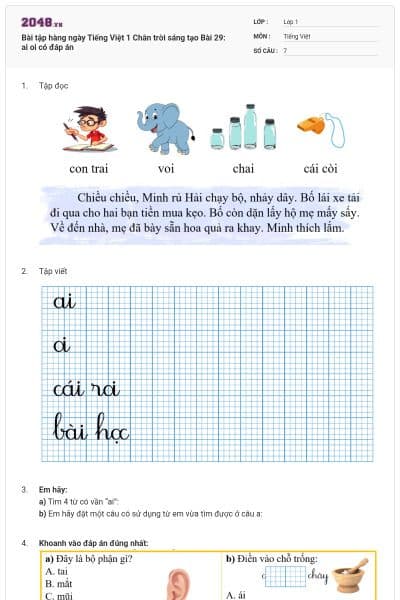 Bài tập hàng ngày Tiếng Việt 1 Chân trời sáng tạo Bài 29: ai oi có đáp án