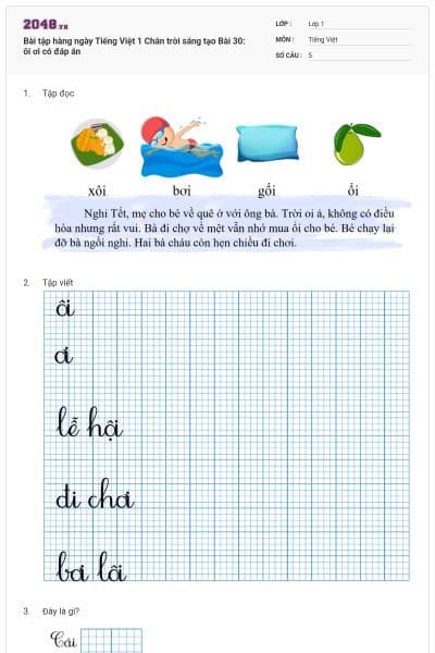 Bài tập hàng ngày Tiếng Việt 1 Chân trời sáng tạo Bài 30: ôi ơi có đáp án