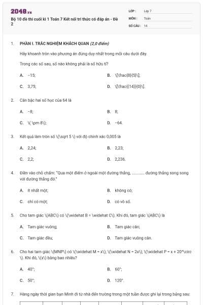 Bộ 10 đề thi cuối kì 1 Toán 7 Kết nối tri thức có đáp án - Đề 2