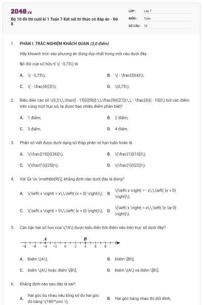 Bộ 10 đề thi cuối kì 1 Toán 7 Kết nối tri thức có đáp án - Đề 8