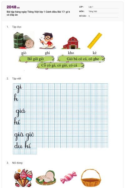 Bài tập hàng ngày Tiếng Việt lớp 1 Cánh diều Bài 17: gi k có đáp án
