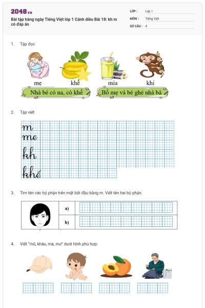 Bài tập hàng ngày Tiếng Việt lớp 1 Cánh diều Bài 18: kh m có đáp án