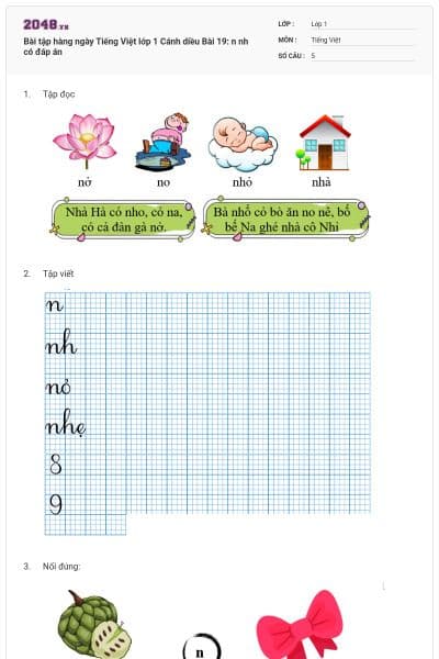 Bài tập hàng ngày Tiếng Việt lớp 1 Cánh diều Bài 19: n nh có đáp án