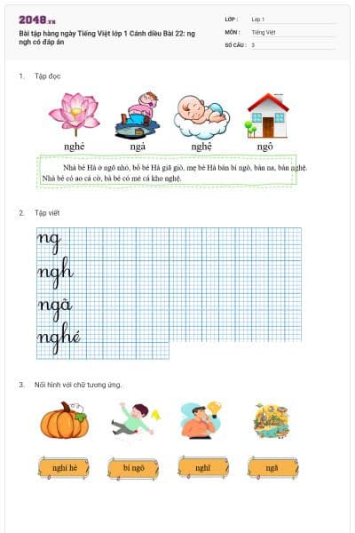 Bài tập hàng ngày Tiếng Việt lớp 1 Cánh diều Bài 22: ng ngh có đáp án