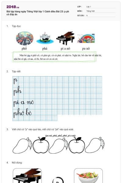 Bài tập hàng ngày Tiếng Việt lớp 1 Cánh diều Bài 23: p ph có đáp án