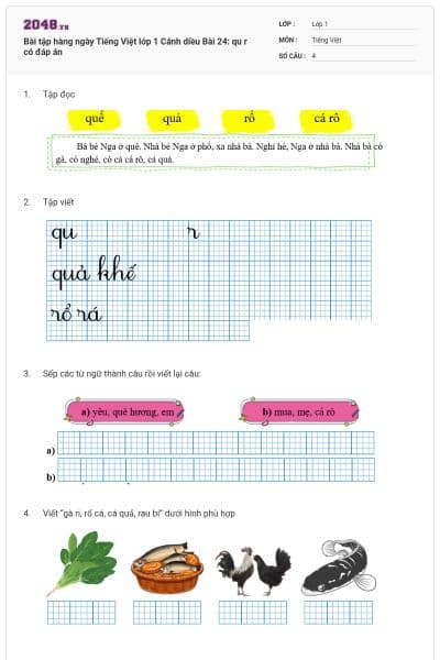 Bài tập hàng ngày Tiếng Việt lớp 1 Cánh diều Bài 24: qu r  có đáp án