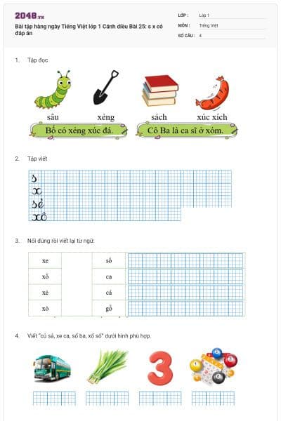 Bài tập hàng ngày Tiếng Việt lớp 1 Cánh diều Bài 25: s x có đáp án