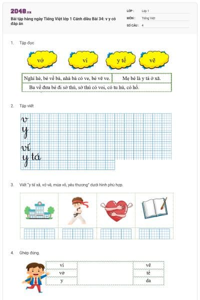 Bài tập hàng ngày Tiếng Việt lớp 1 Cánh diều Bài 34: v y có đáp án