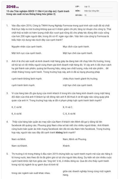 15 câu Trắc nghiệm GDCD 11 Bài 4 (có đáp án): Cạnh tranh trong sản xuất và lưu thông hàng hóa (phần 3)