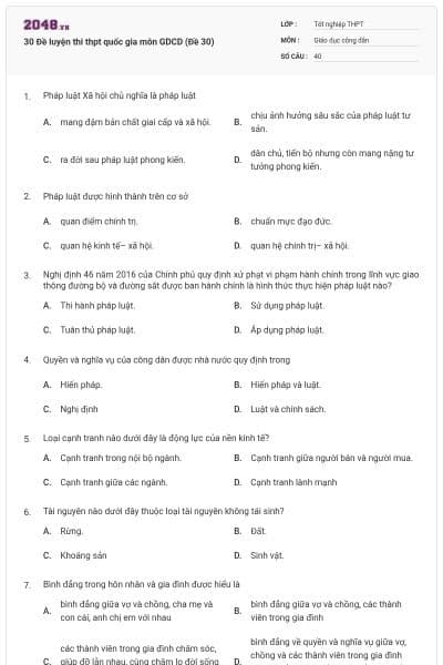 30 Đề luyện thi thpt quốc gia môn GDCD (Đề 30)