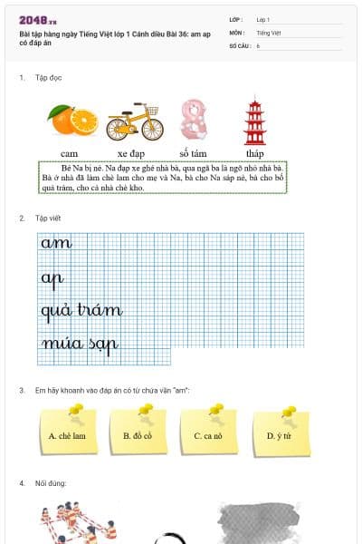 Bài tập hàng ngày Tiếng Việt lớp 1 Cánh diều Bài 36: am ap có đáp án