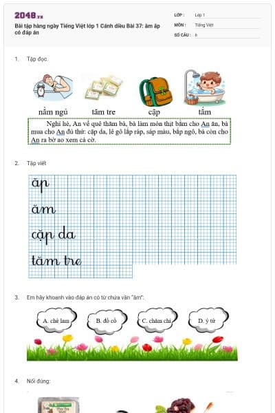 Bài tập hàng ngày Tiếng Việt lớp 1 Cánh diều Bài 37: ăm ăp có đáp án