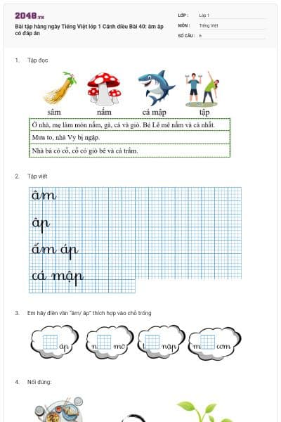 Bài tập hàng ngày Tiếng Việt lớp 1 Cánh diều Bài 40: âm âp có đáp án
