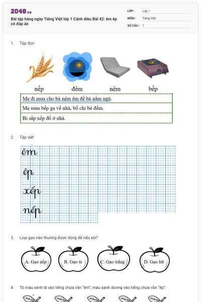 Bài tập hàng ngày Tiếng Việt lớp 1 Cánh diều Bài 42: êm êp có đáp án