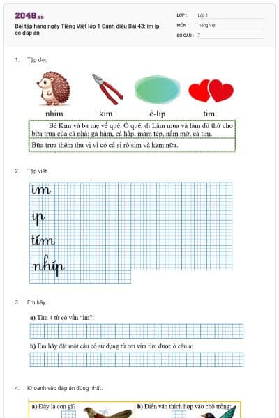 Bài tập hàng ngày Tiếng Việt lớp 1 Cánh diều Bài 43: im ip có đáp án