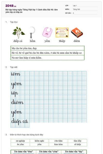 Bài tập hàng ngày Tiếng Việt lớp 1 Cánh diều Bài 46: iêm yêm iêp có đáp án