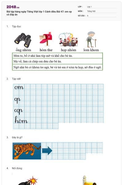 Bài tập hàng ngày Tiếng Việt lớp 1 Cánh diều Bài 47: om op có đáp án