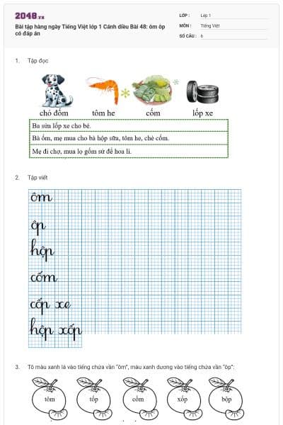 Bài tập hàng ngày Tiếng Việt lớp 1 Cánh diều Bài 48: ôm ôp có đáp án