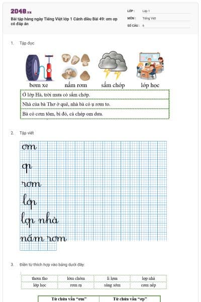 Bài tập hàng ngày Tiếng Việt lớp 1 Cánh diều Bài 49: ơm ơp có đáp án
