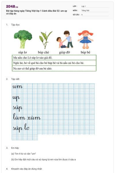 Bài tập hàng ngày Tiếng Việt lớp 1 Cánh diều Bài 52: um up có đáp án