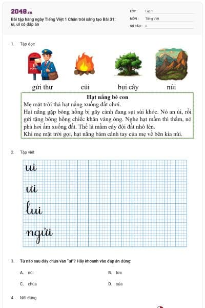 Bài tập hàng ngày Tiếng Việt 1 Chân trời sáng tạo Bài 31: ui, ưi có đáp án