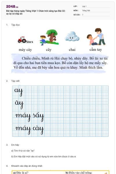 Bài tập hàng ngày Tiếng Việt 1 Chân trời sáng tạo Bài 32: ay ây có đáp án