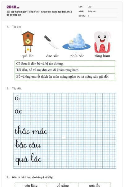 Bài tập hàng ngày Tiếng Việt 1 Chân trời sáng tạo Bài 34: ă ăc có đáp án
