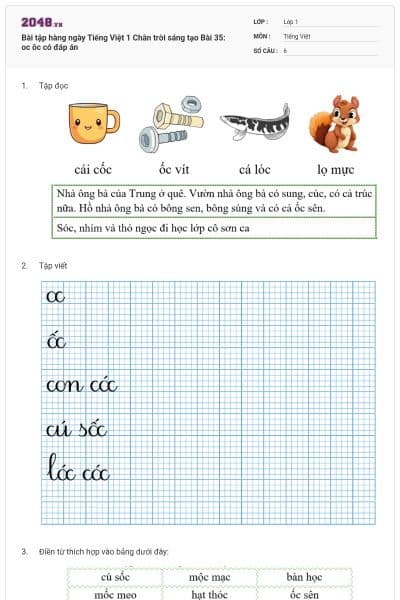 Bài tập hàng ngày Tiếng Việt 1 Chân trời sáng tạo Bài 35: oc ôc có đáp án