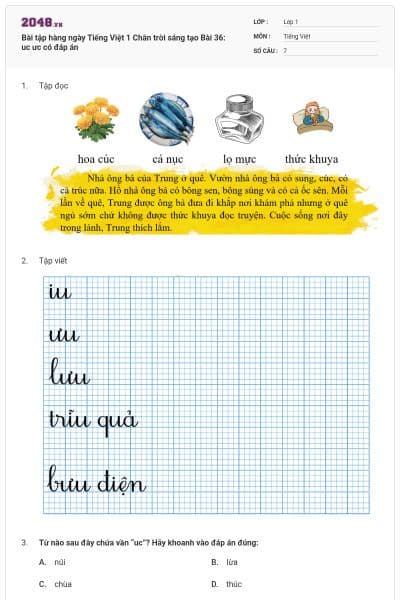 Bài tập hàng ngày Tiếng Việt 1 Chân trời sáng tạo Bài 36: uc ưc có đáp án