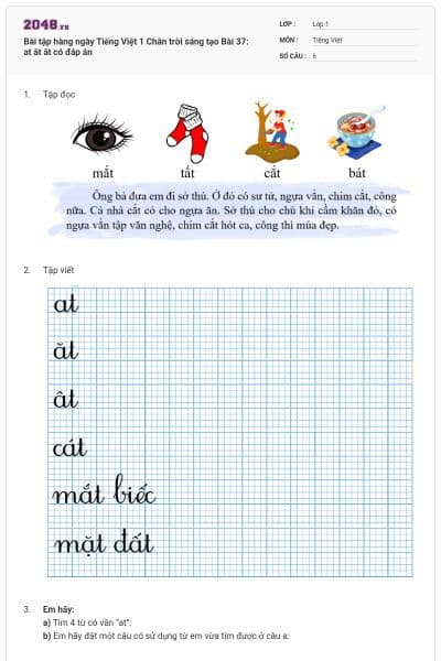 Bài tập hàng ngày Tiếng Việt 1 Chân trời sáng tạo Bài 37: at ăt ât có đáp án
