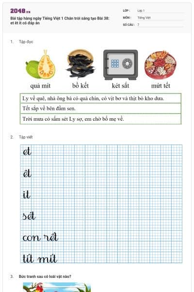 Bài tập hàng ngày Tiếng Việt 1 Chân trời sáng tạo Bài 38: et êt it  có đáp án