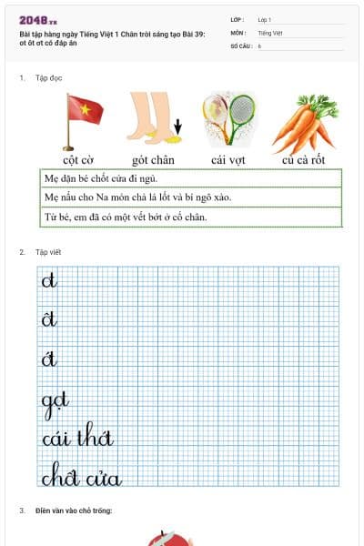 Bài tập hàng ngày Tiếng Việt 1 Chân trời sáng tạo Bài 39: ot ôt ơt có đáp án