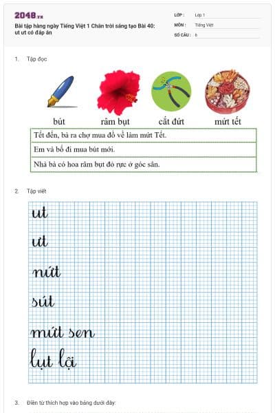 Bài tập hàng ngày Tiếng Việt 1 Chân trời sáng tạo Bài 40: ut ưt có đáp án