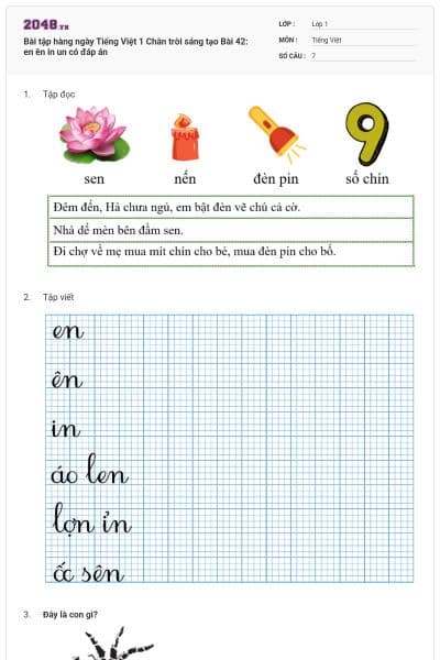 Bài tập hàng ngày Tiếng Việt 1 Chân trời sáng tạo Bài 42: en ên in un có đáp án