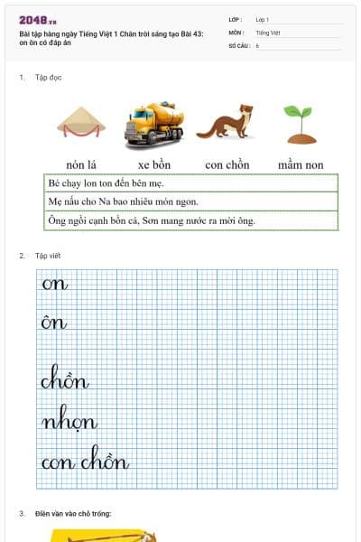 Bài tập hàng ngày Tiếng Việt 1 Chân trời sáng tạo Bài 43: on ôn có đáp án