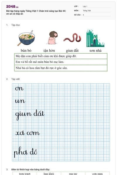 Bài tập hàng ngày Tiếng Việt 1 Chân trời sáng tạo Bài 44: ơn un có đáp án