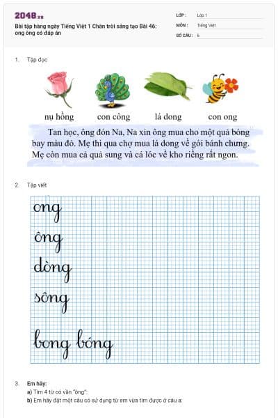 Bài tập hàng ngày Tiếng Việt 1 Chân trời sáng tạo Bài 46: ong ông có đáp án
