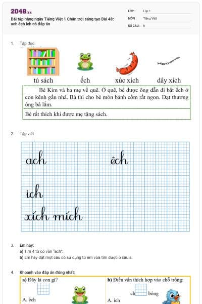 Bài tập hàng ngày Tiếng Việt 1 Chân trời sáng tạo Bài 48: ach êch ich có đáp án