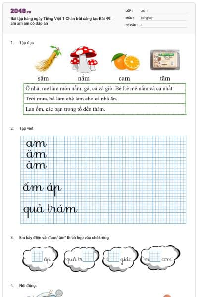 Bài tập hàng ngày Tiếng Việt 1 Chân trời sáng tạo Bài 49: am ăm âm có đáp án