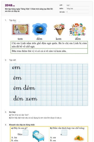 Bài tập hàng ngày Tiếng Việt 1 Chân trời sáng tạo Bài 50: em êm có đáp án