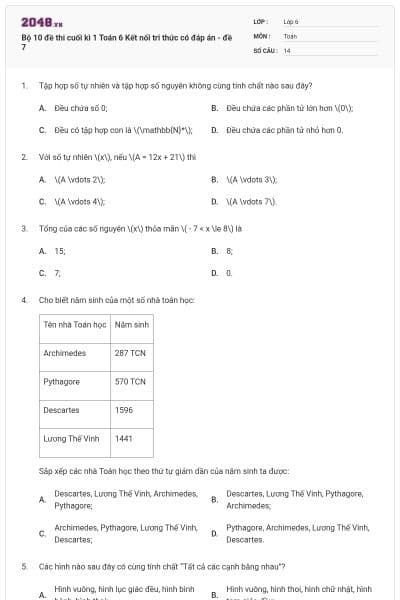 Bộ 10 đề thi cuối kì 1 Toán 6 Kết nối tri thức có đáp án - đề 7