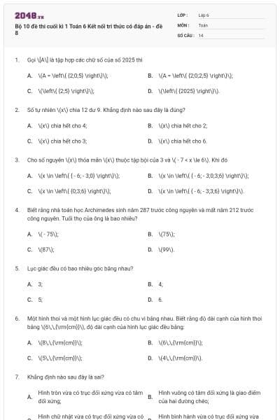 Bộ 10 đề thi cuối kì 1 Toán 6 Kết nối tri thức có đáp án - đề 8