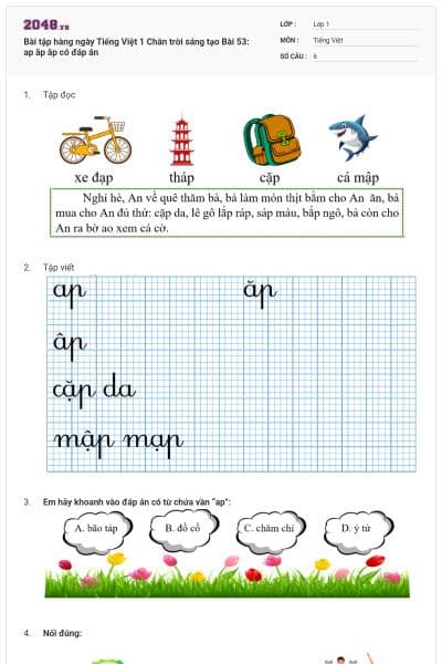 Bài tập hàng ngày Tiếng Việt 1 Chân trời sáng tạo Bài 53: ap ăp âp có đáp án