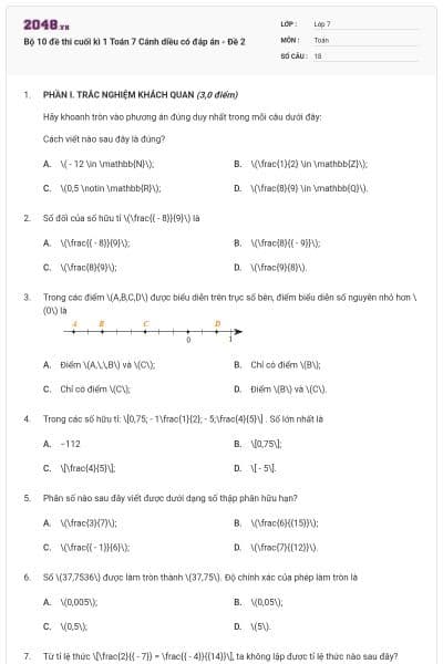 Bộ 10 đề thi cuối kì 1 Toán 7 Cánh diều có đáp án - Đề 2