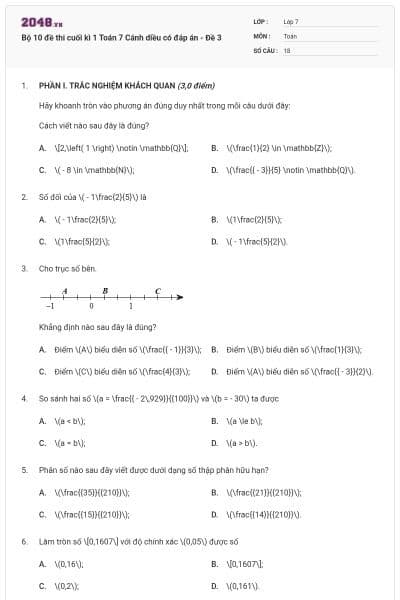 Bộ 10 đề thi cuối kì 1 Toán 7 Cánh diều có đáp án - Đề 3