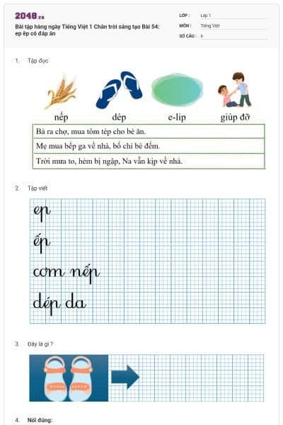 Bài tập hàng ngày Tiếng Việt 1 Chân trời sáng tạo Bài 54: ep êp có đáp án