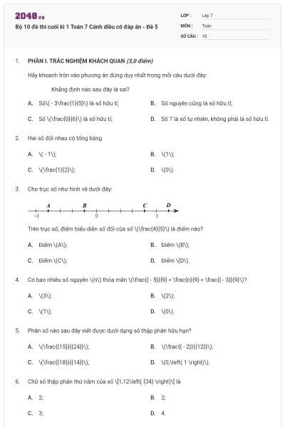 Bộ 10 đề thi cuối kì 1 Toán 7 Cánh diều có đáp án - Đề 5