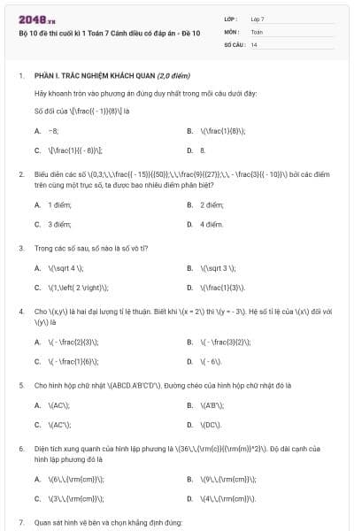 Bộ 10 đề thi cuối kì 1 Toán 7 Cánh diều có đáp án - Đề 10