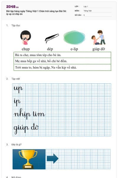 Bài tập hàng ngày Tiếng Việt 1 Chân trời sáng tạo Bài 56: ip up có đáp án
