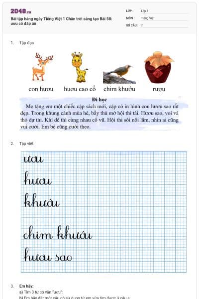 Bài tập hàng ngày Tiếng Việt 1 Chân trời sáng tạo Bài 58: ươu có đáp án